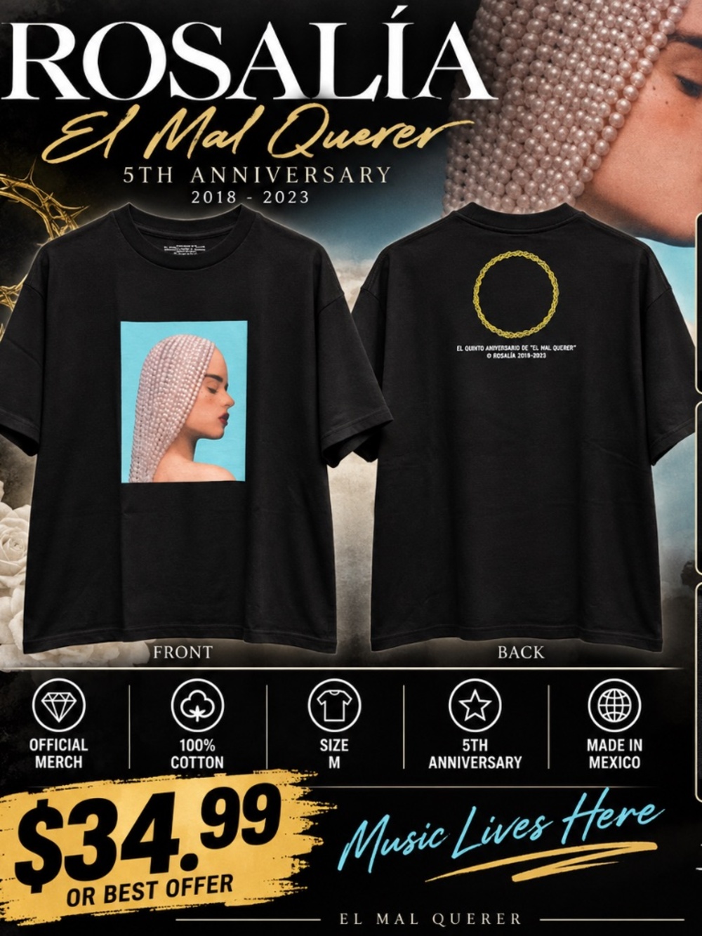 Rosalía El Mal Querer 5th Anniversary T-Shirt Size M Black 100% Cotton Official